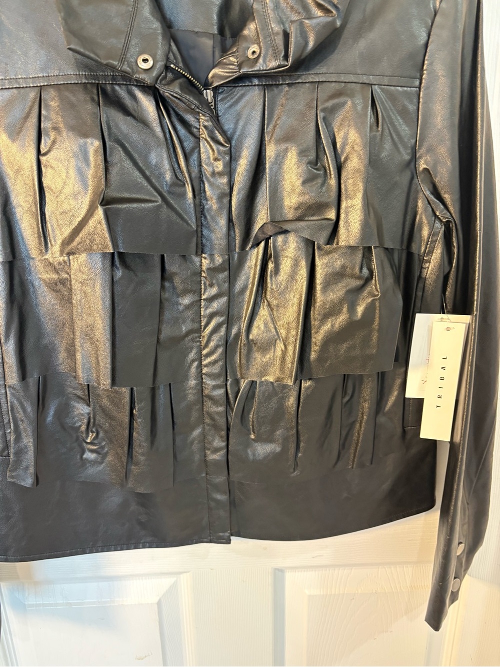 Tribal Black Layered Fringe Leather Jacket with Padded Collar - Picture 4 of 6
